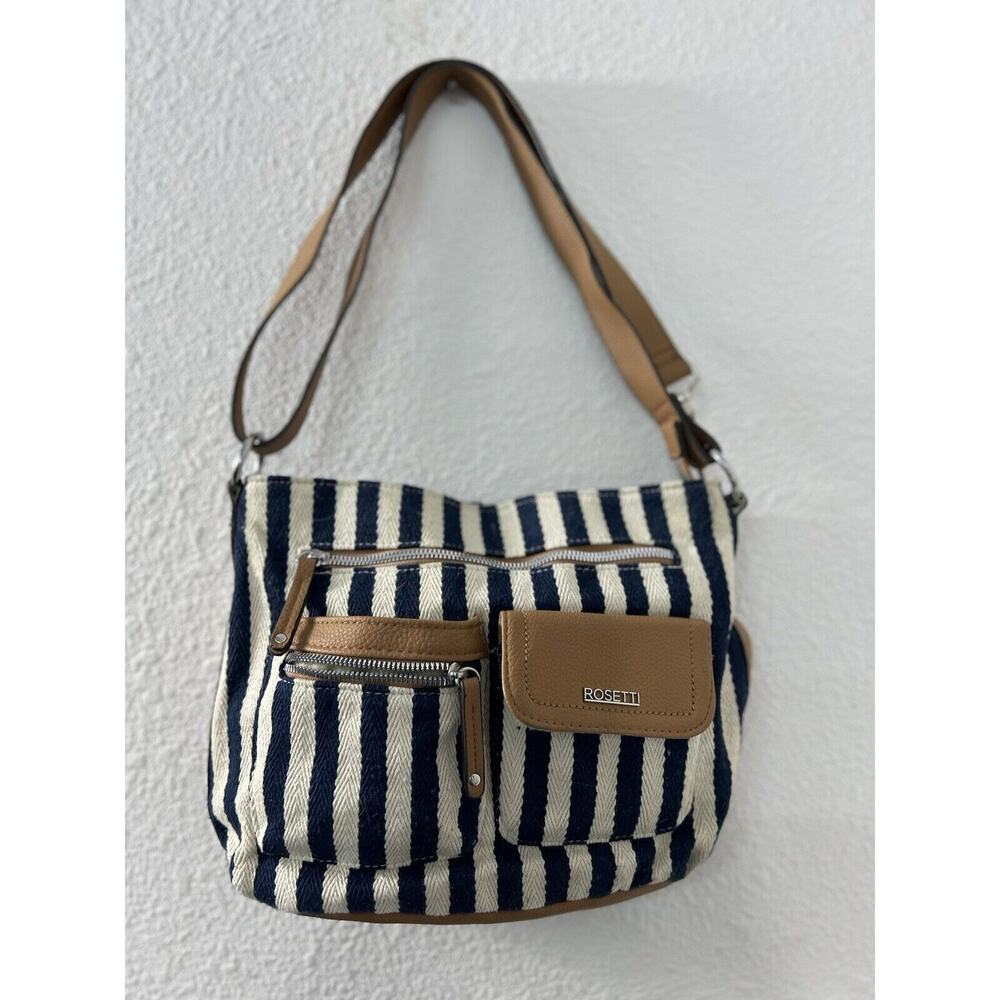 Rosetti Astrid Mini Herringbone Blue & White Stripe Crossbody Bag Leather Trim